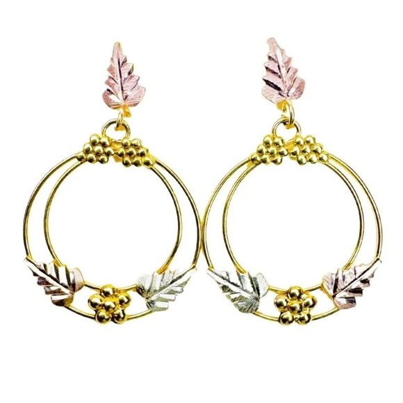 10k Gold Tri-Tone Circular Hoop Leaf Earrings - Picture 1 of 4